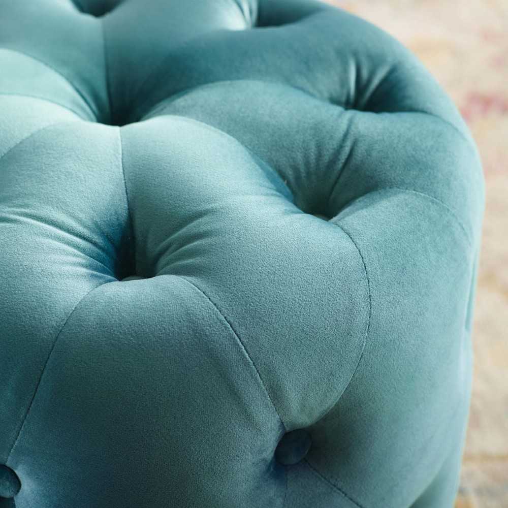 Amour Tufted Button Round Performance Velvet Ottoman, Sea Blue