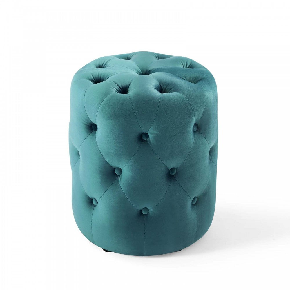 Amour Tufted Button Round Performance Velvet Ottoman, Sea Blue