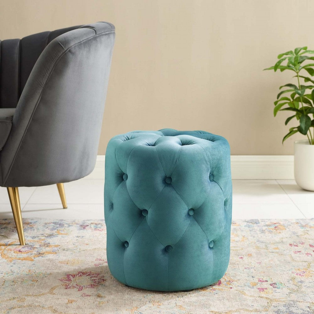 Amour Tufted Button Round Performance Velvet Ottoman, Sea Blue