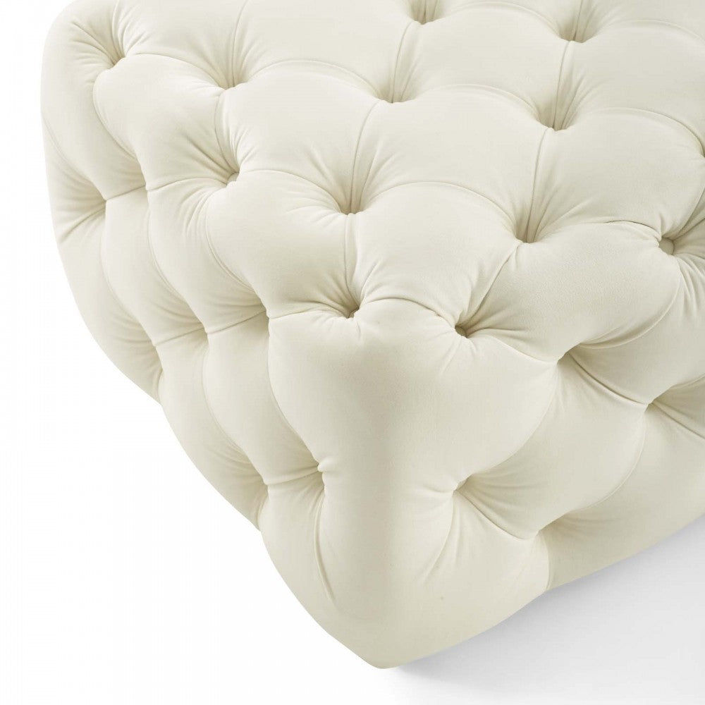 Amour Tufted Button Square Performance Velvet Ottoman, Ivory