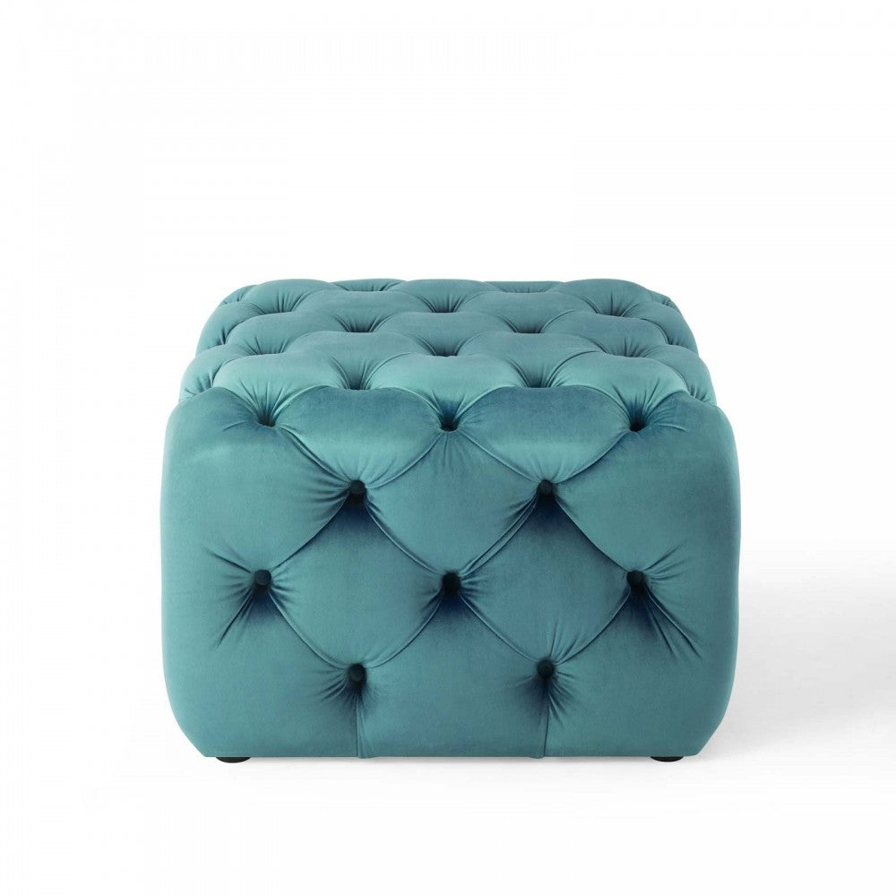 Amour Tufted Button Square Performance Velvet Ottoman, Sea Blue