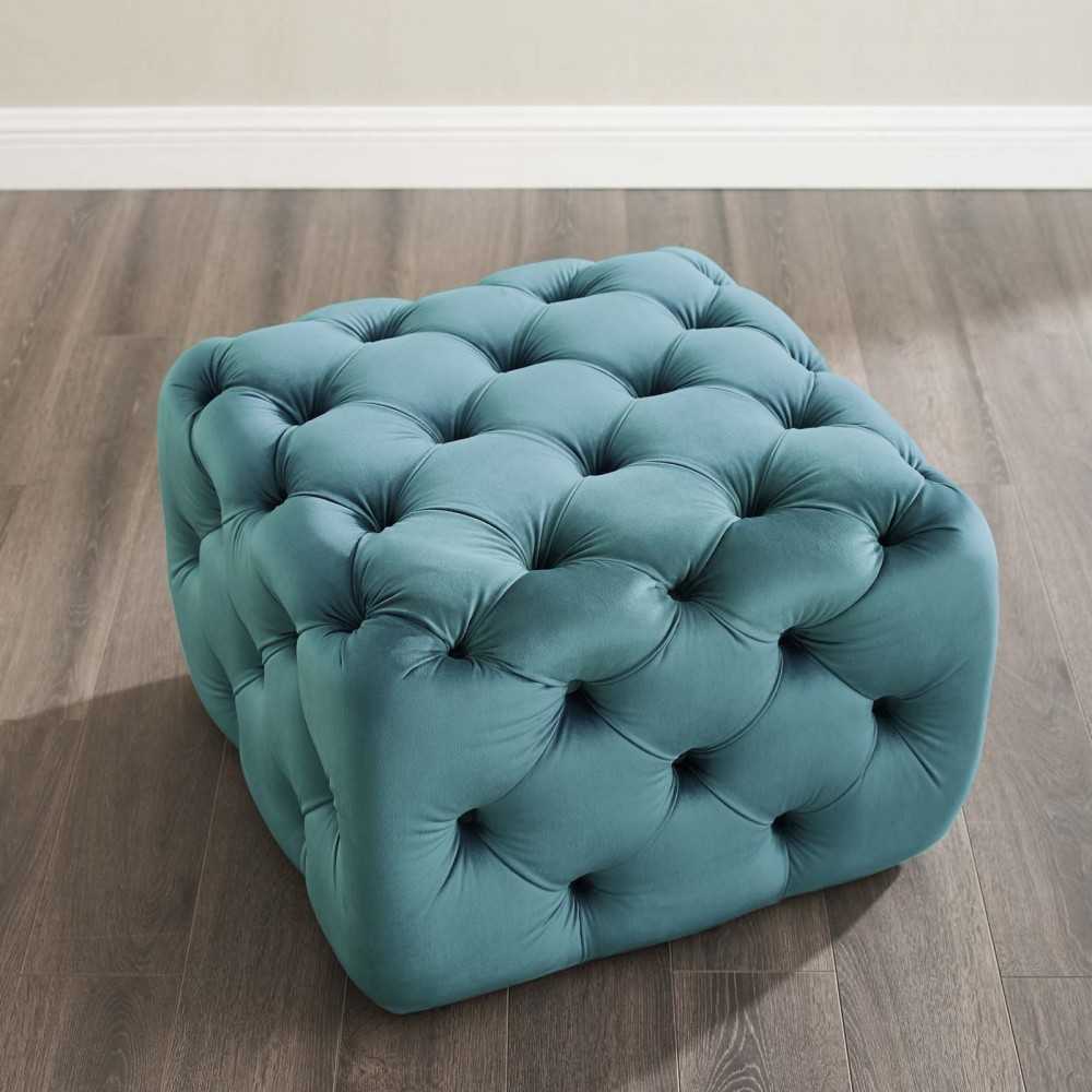 Amour Tufted Button Square Performance Velvet Ottoman, Sea Blue