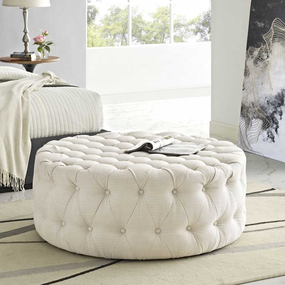 Amour Upholstered Fabric Ottoman, Beige