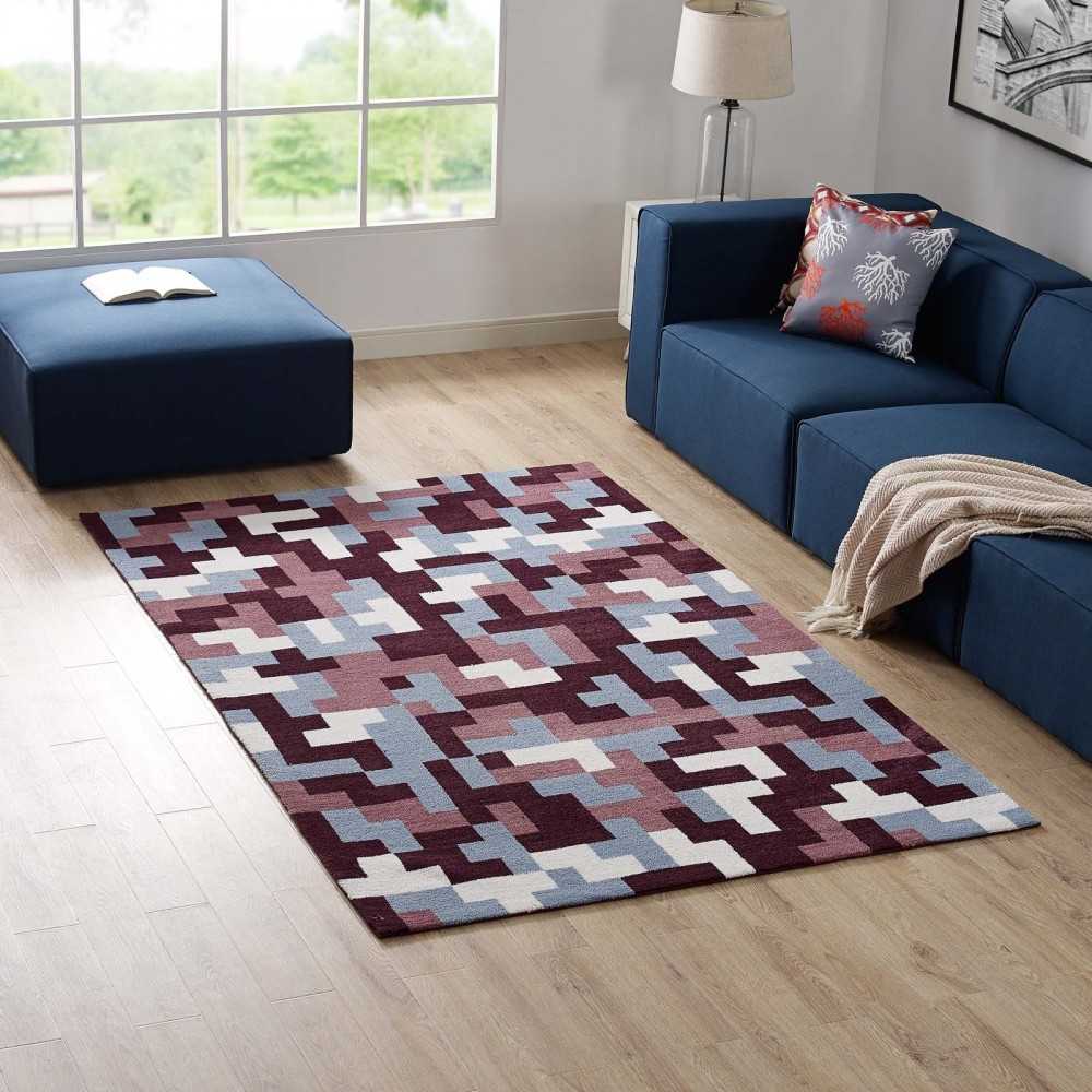 Andela Interlocking Block Mosaic 5x8 Area Rug, Multicolored Red and Light Blue