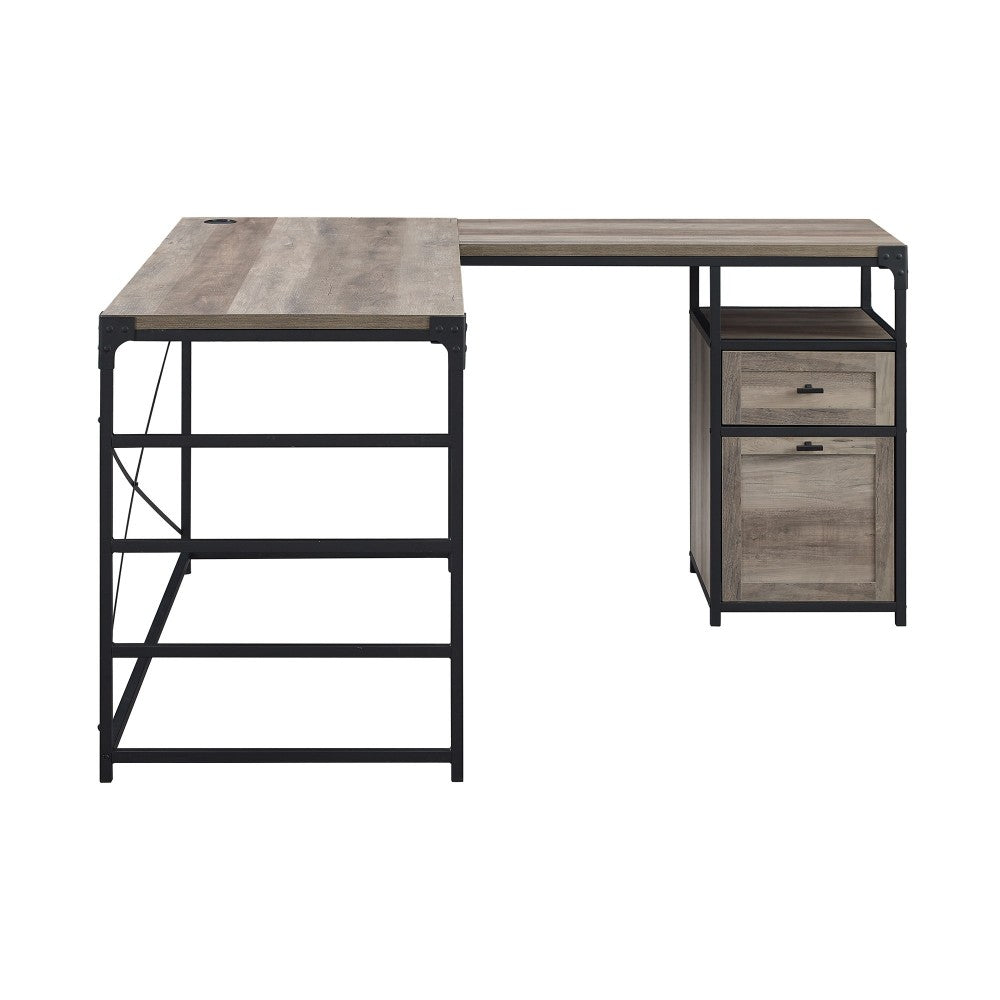 Angle Iron L-Shaped Computer Desk with Storage - Gray Wash