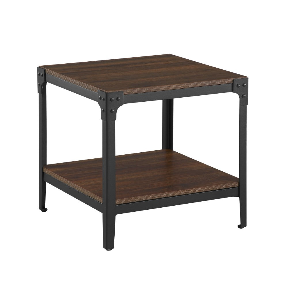 Angle Iron Rustic Wood End Side Table, Set of 2 - Dark Walnut