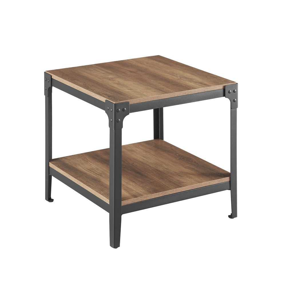 Angle Iron Rustic Wood End Side Table, Set of 2 - Rustic Oak