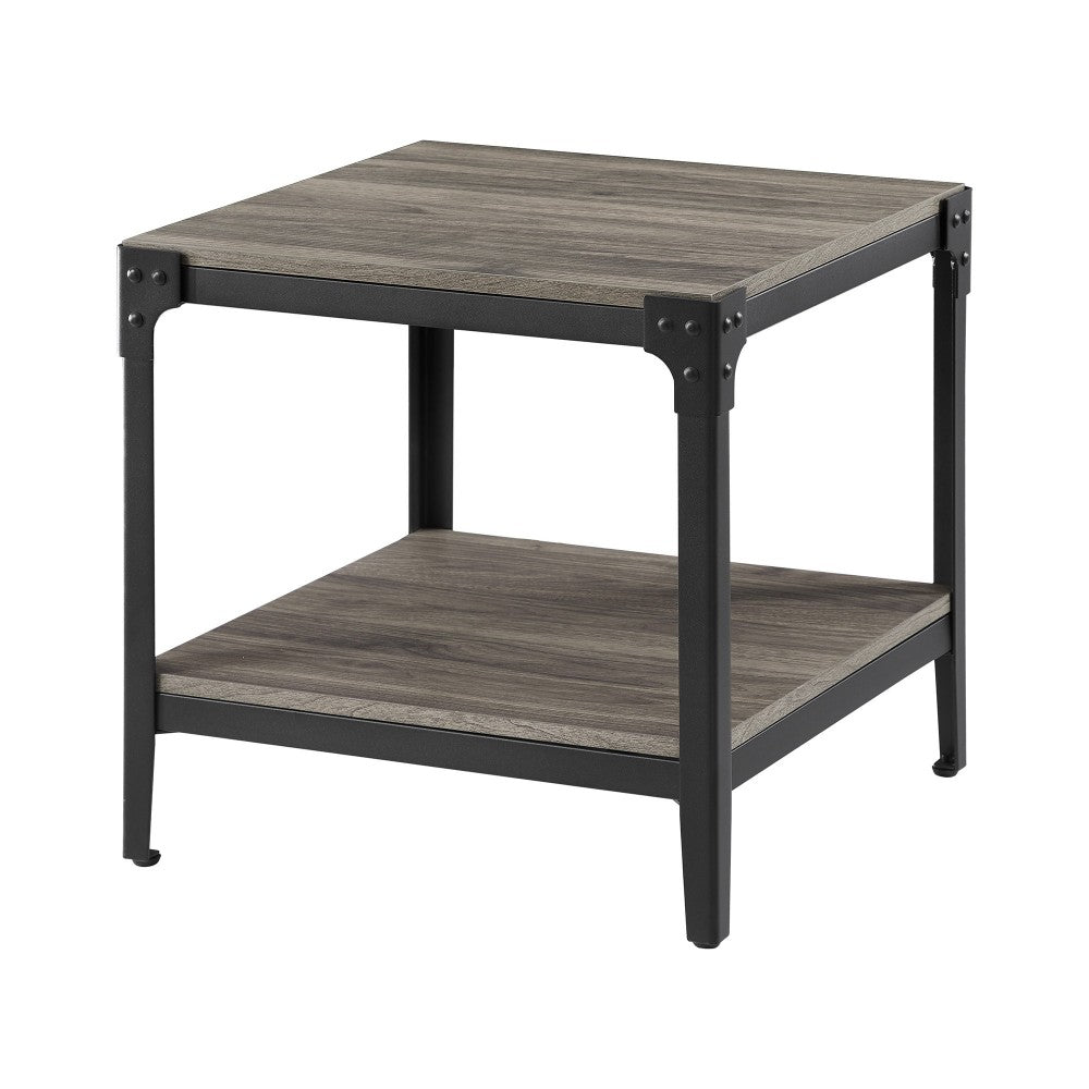Angle Iron Rustic Wood End Side Table, Set of 2 - Slate Gray