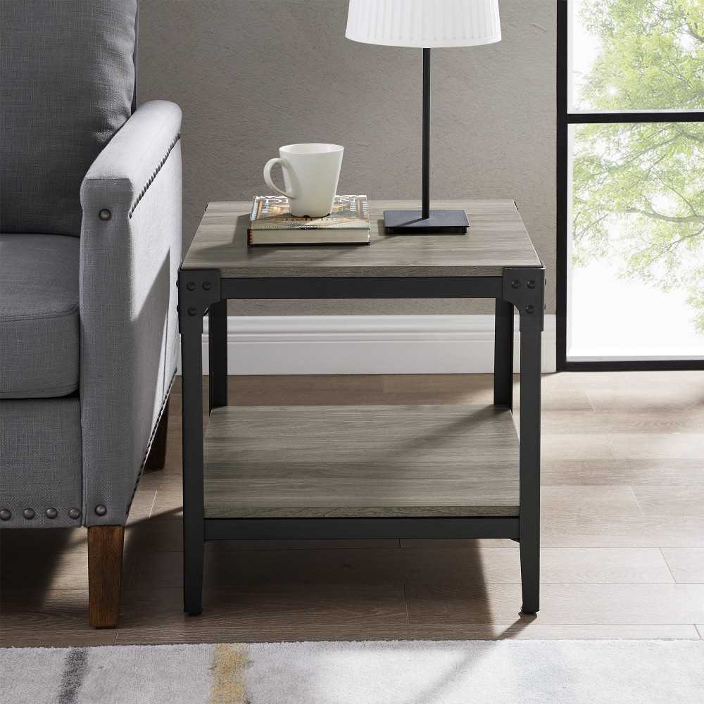 Angle Iron Rustic Wood End Side Table, Set of 2 - Slate Gray