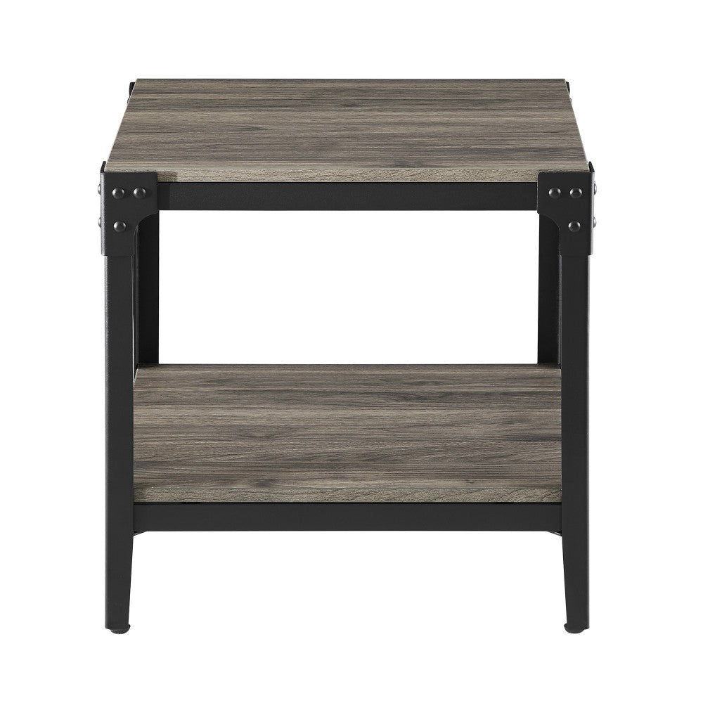 Angle Iron Rustic Wood End Side Table, Set of 2 - Slate Gray
