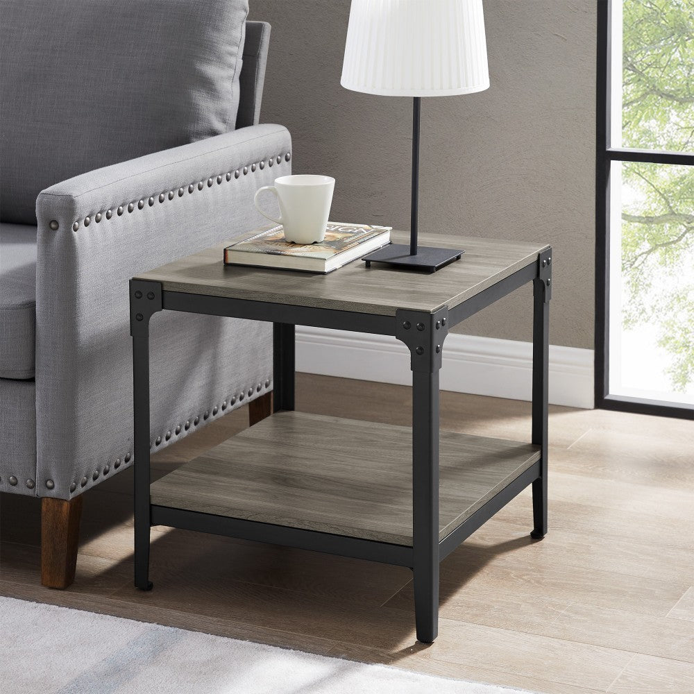Angle Iron Rustic Wood End Side Table, Set of 2 - Slate Gray