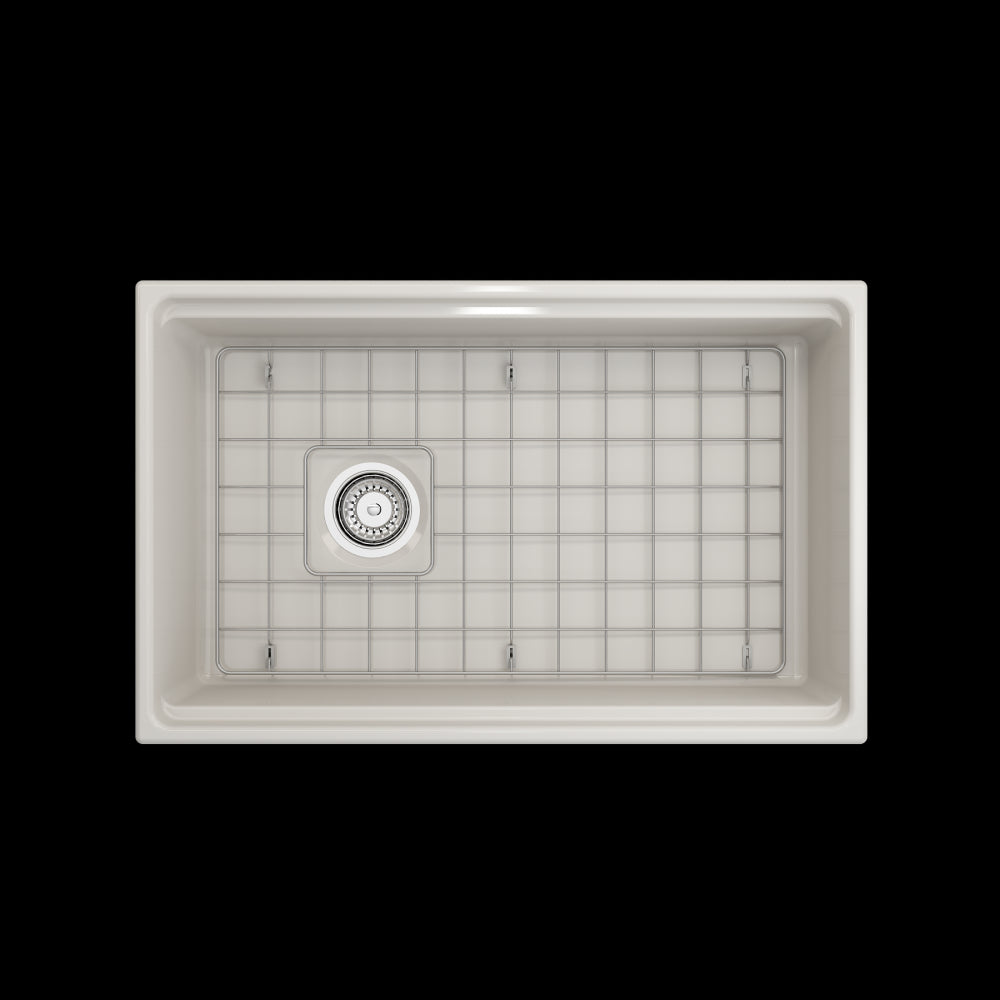 Apron Front Step Rim with Integrated Work Station Fireclay 30 in. Single Bowl Kitchen Sink with Accessories in Biscuit