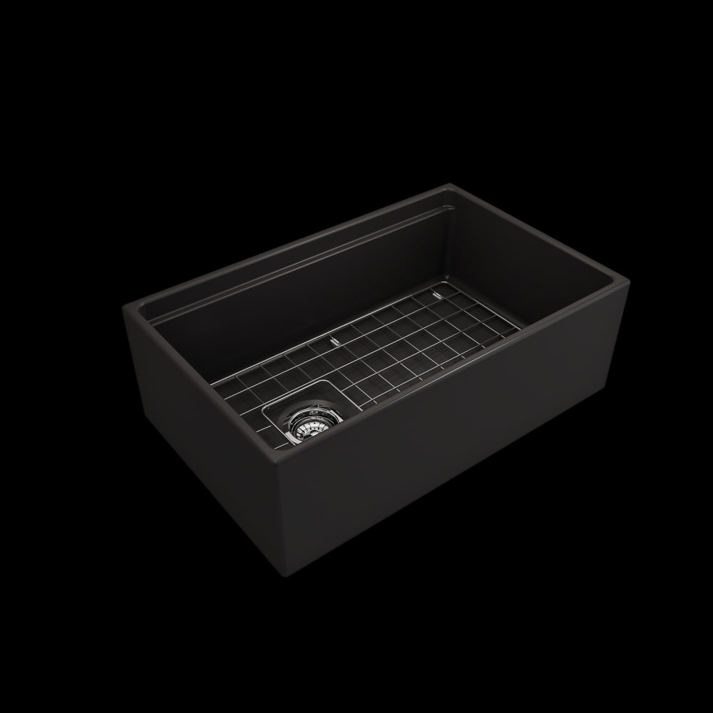 Apron Front Step Rim with Integrated Work Station Fireclay 30 in. Single Bowl Kitchen Sink with Accessories in Matte Black