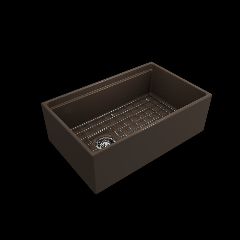 Apron Front Step Rim with Integrated Work Station Fireclay 30 in. Single Bowl Kitchen Sink with Accessories in Matte Brown