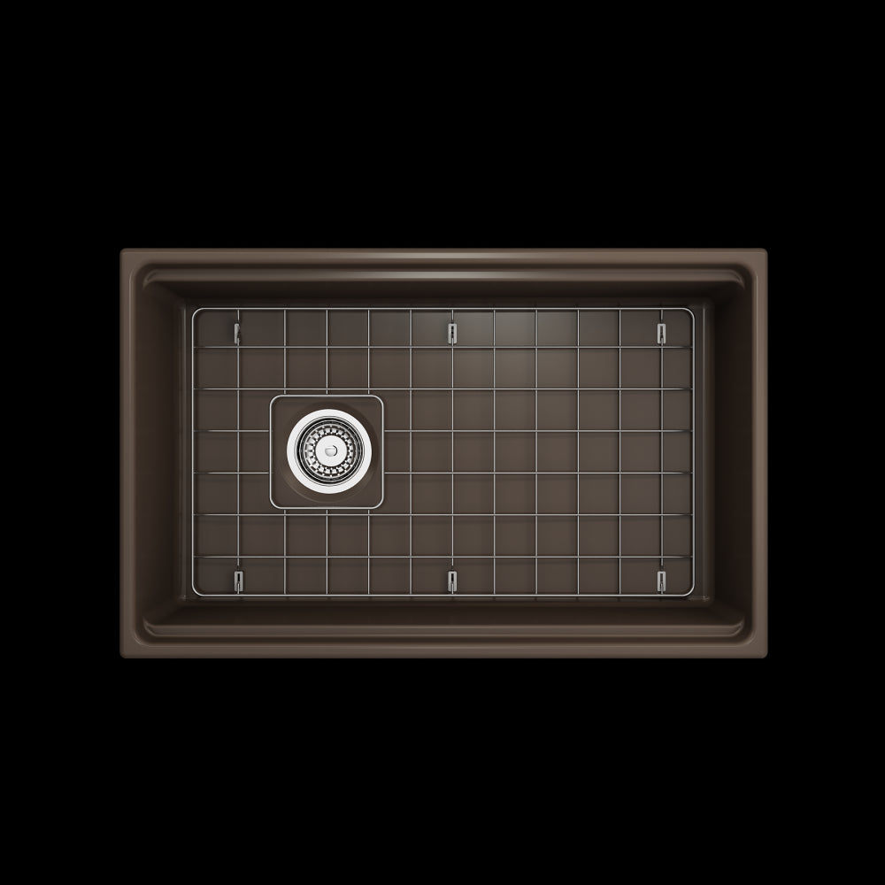 Apron Front Step Rim with Integrated Work Station Fireclay 30 in. Single Bowl Kitchen Sink with Accessories in Matte Brown