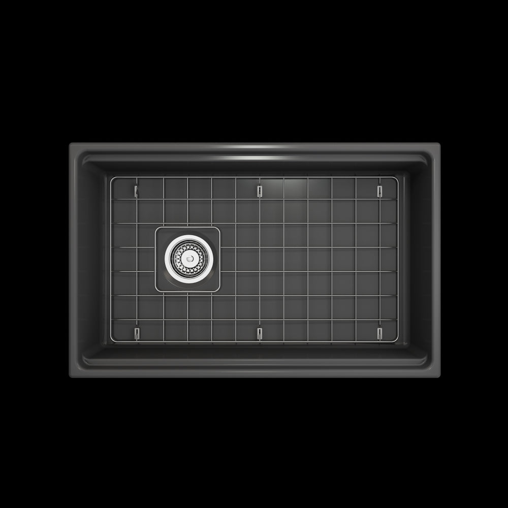 Apron Front Step Rim with Integrated Work Station Fireclay 30 in. Single Bowl Kitchen Sink with Accessories in Matte Dark Gray