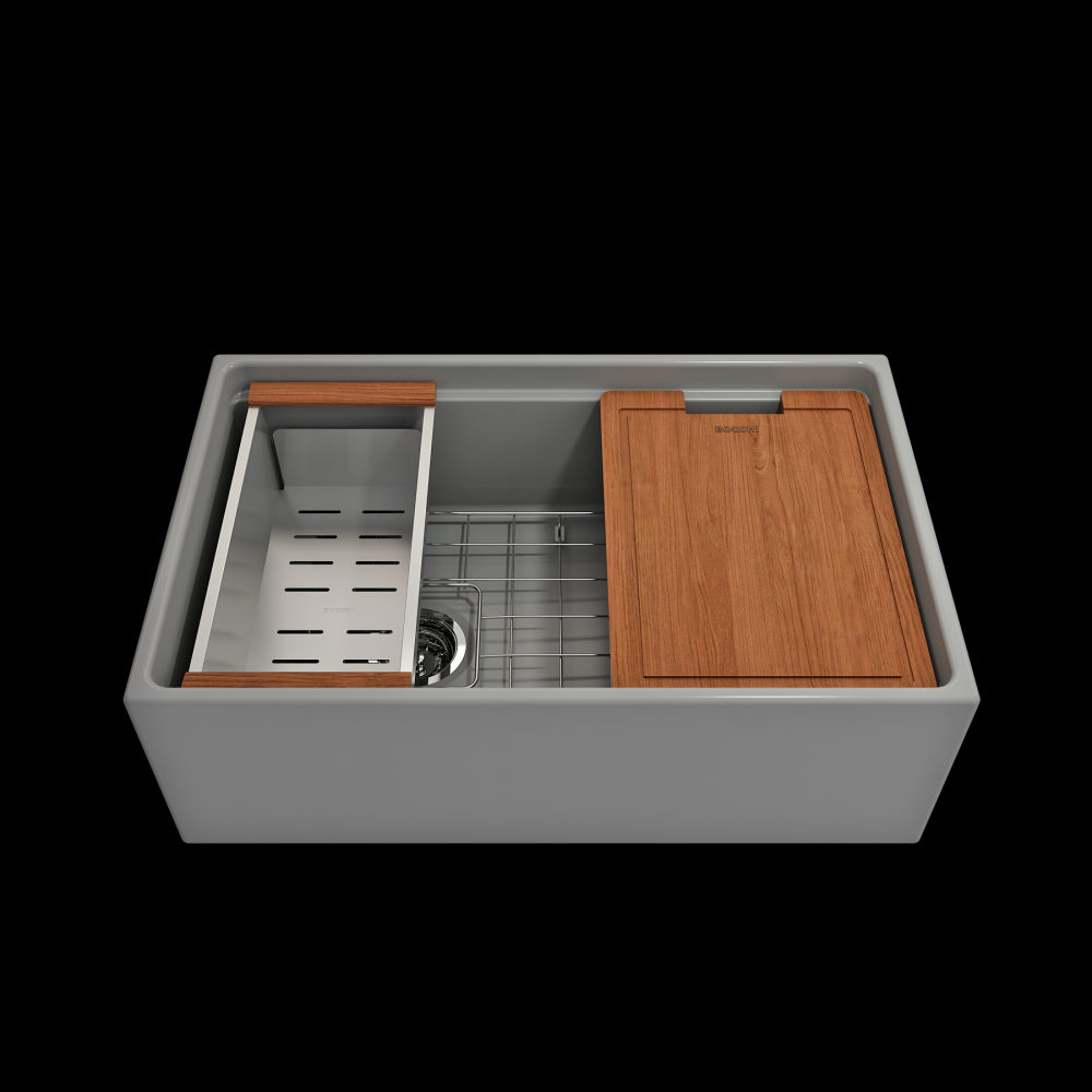 Apron Front Step Rim with Integrated Work Station Fireclay 30 in. Single Bowl Kitchen Sink with Accessories in Matte Gray