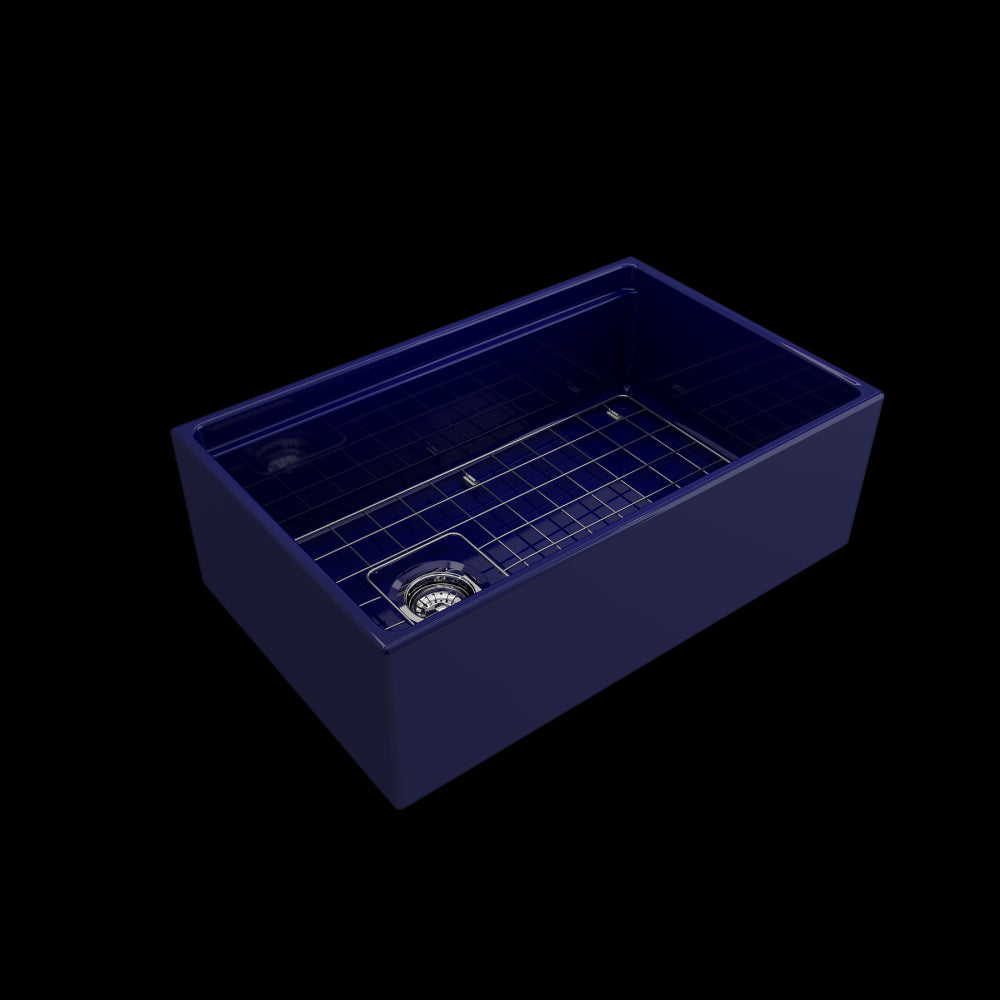 Apron Front Step Rim with Integrated Work Station Fireclay 30 in. Single Bowl Kitchen Sink with Accessories in Sapphire Blue