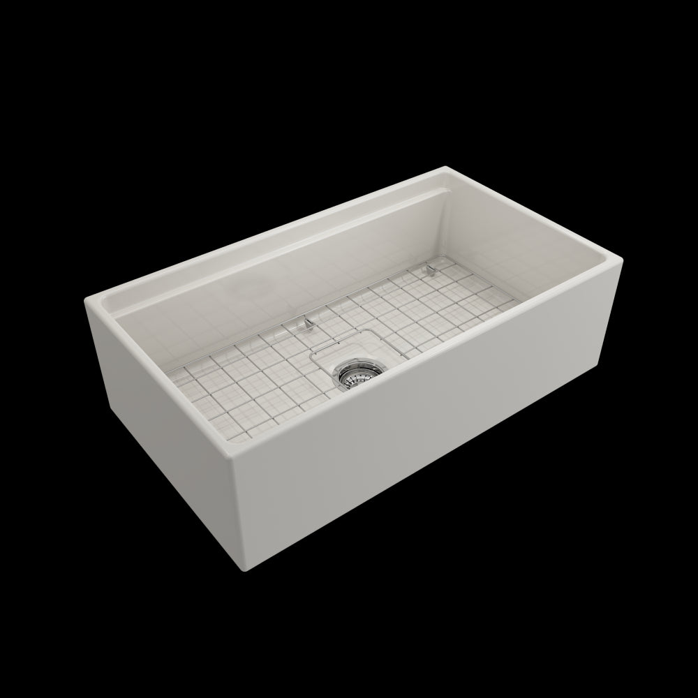 Apron Front Step Rim with Integrated Work Station Fireclay 33 in. Single Bowl Kitchen Sink with Accessories in Biscuit