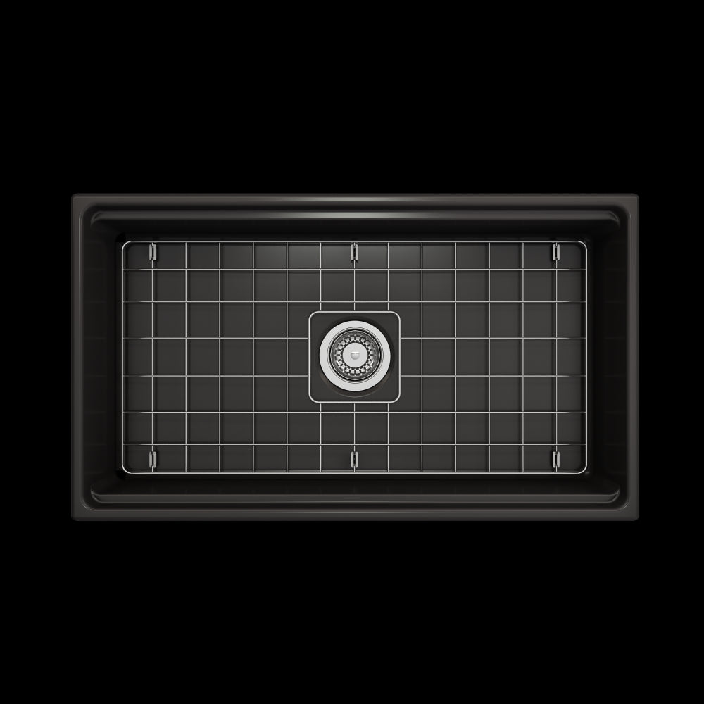 Apron Front Step Rim with Integrated Work Station Fireclay 33 in. Single Bowl Kitchen Sink with Accessories in Matte Black