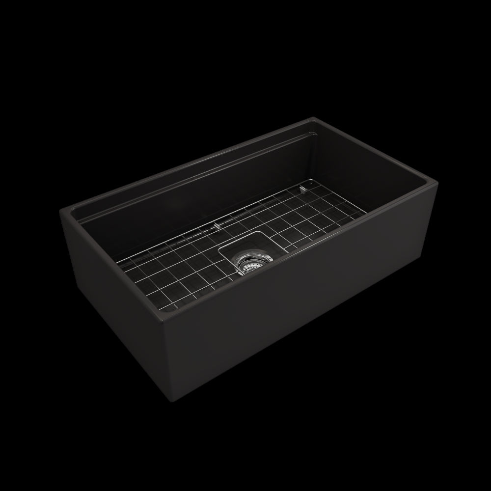 Apron Front Step Rim with Integrated Work Station Fireclay 33 in. Single Bowl Kitchen Sink with Accessories in Matte Black