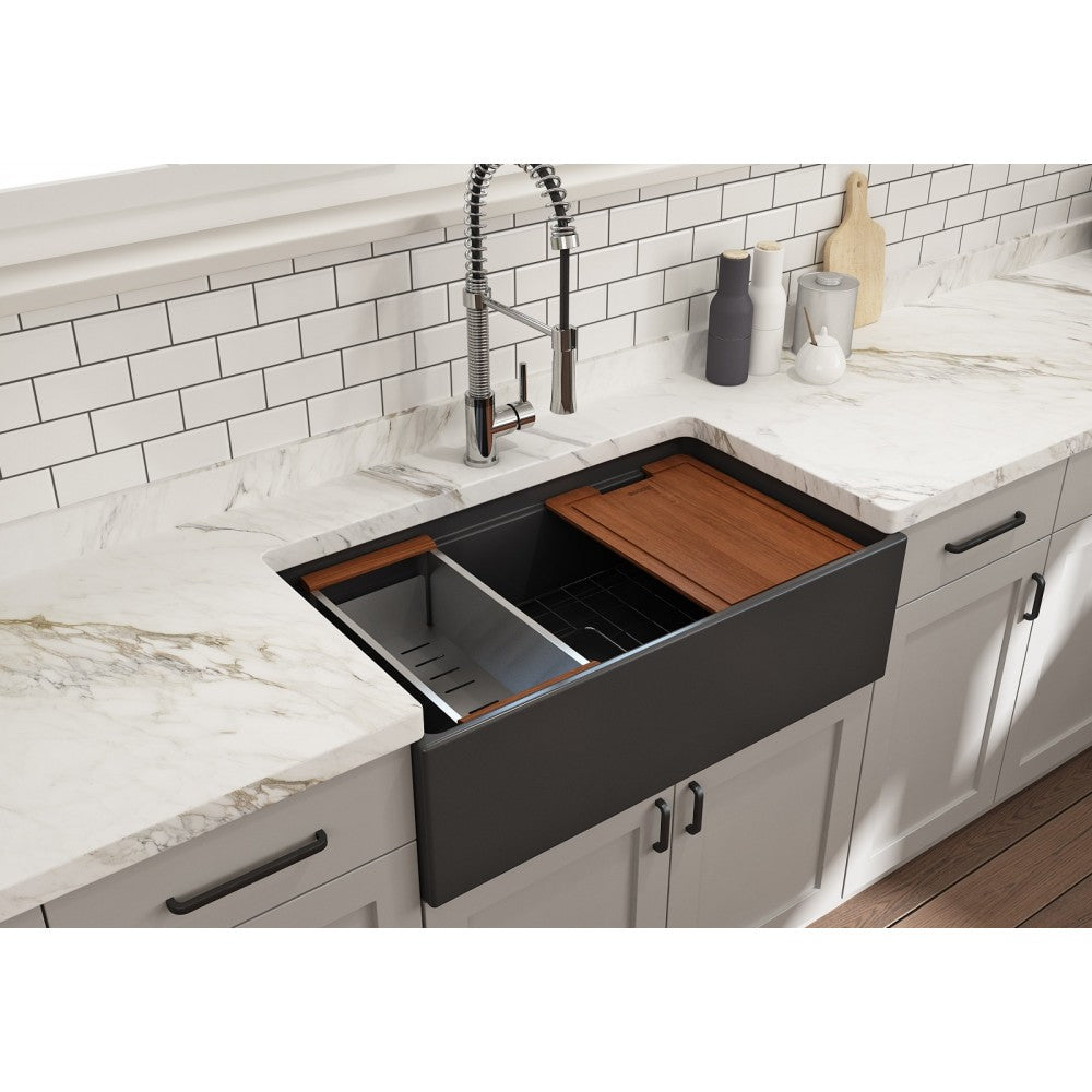 Apron Front Step Rim with Integrated Work Station Fireclay 33 in. Single Bowl Kitchen Sink with Accessories in Matte Dark Gray