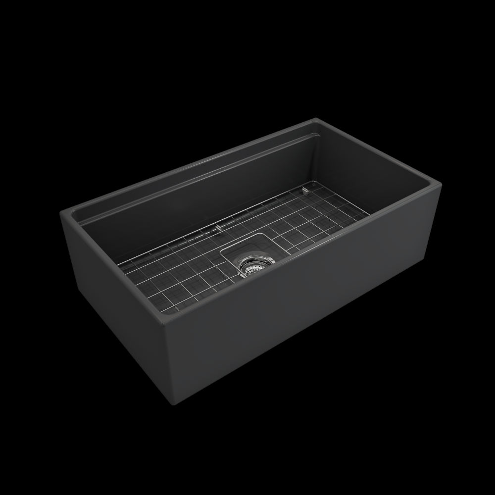 Apron Front Step Rim with Integrated Work Station Fireclay 33 in. Single Bowl Kitchen Sink with Accessories in Matte Dark Gray