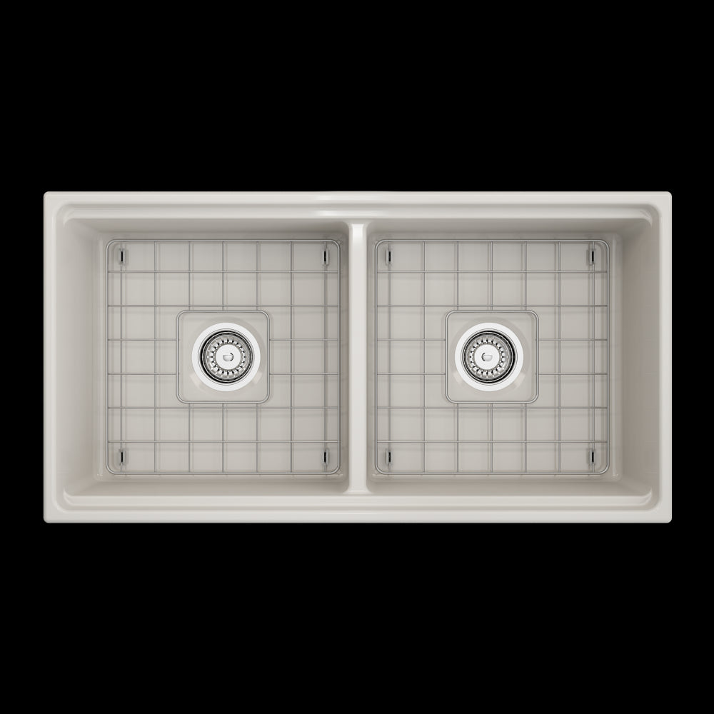 Apron Front Step Rim with Integrated Work Station Fireclay 36 in. Double Bowl Kitchen Sink with Accessories in Biscuit