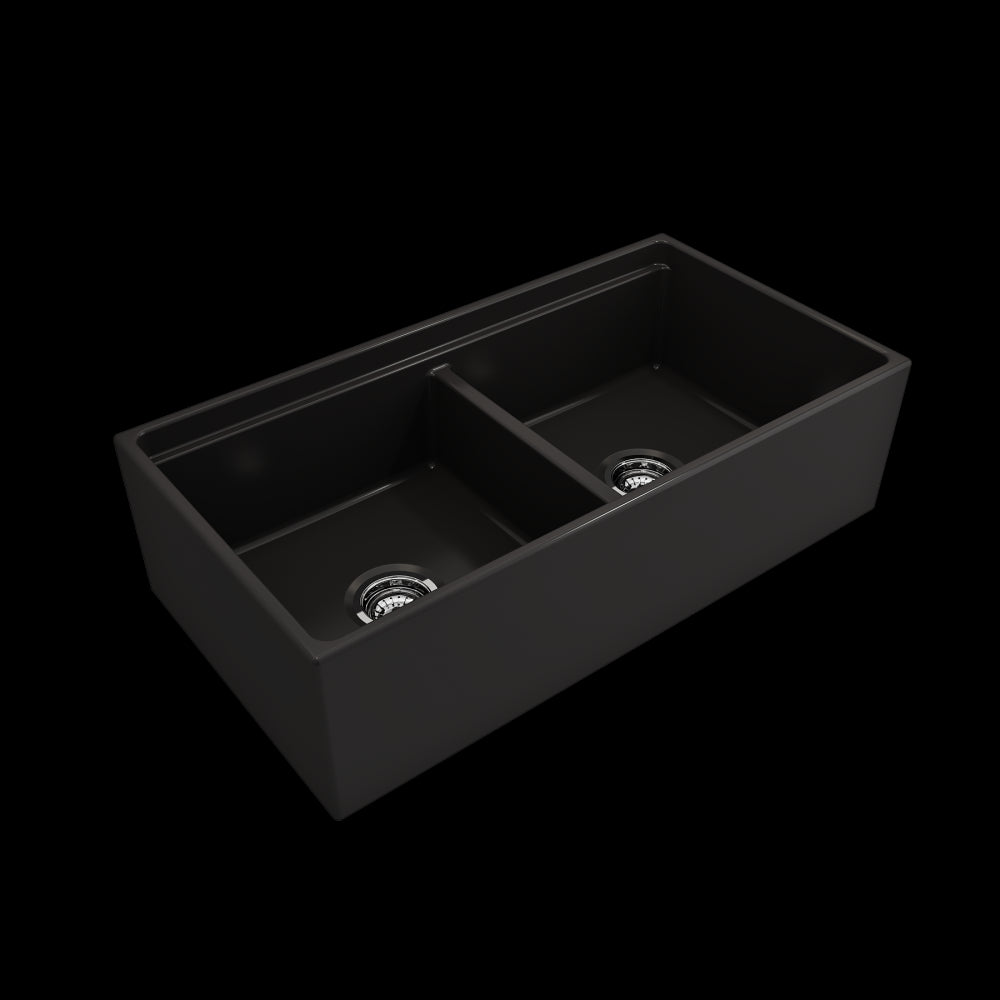 Apron Front Step Rim with Integrated Work Station Fireclay 36 in. Double Bowl Kitchen Sink with Accessories in Matte Black