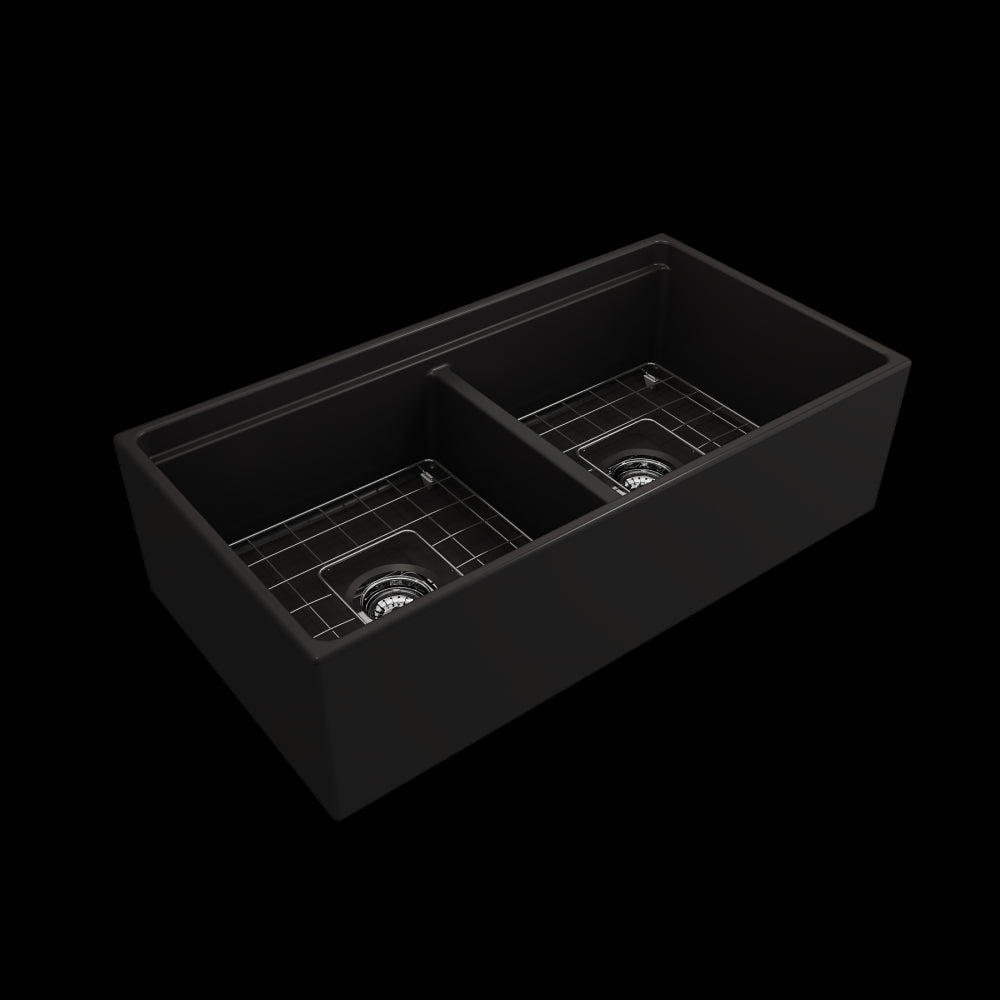 Apron Front Step Rim with Integrated Work Station Fireclay 36 in. Double Bowl Kitchen Sink with Accessories in Matte Black