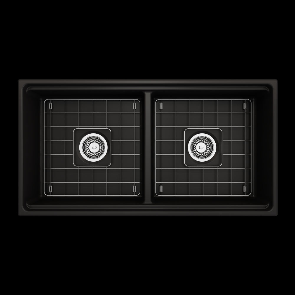 Apron Front Step Rim with Integrated Work Station Fireclay 36 in. Double Bowl Kitchen Sink with Accessories in Matte Black