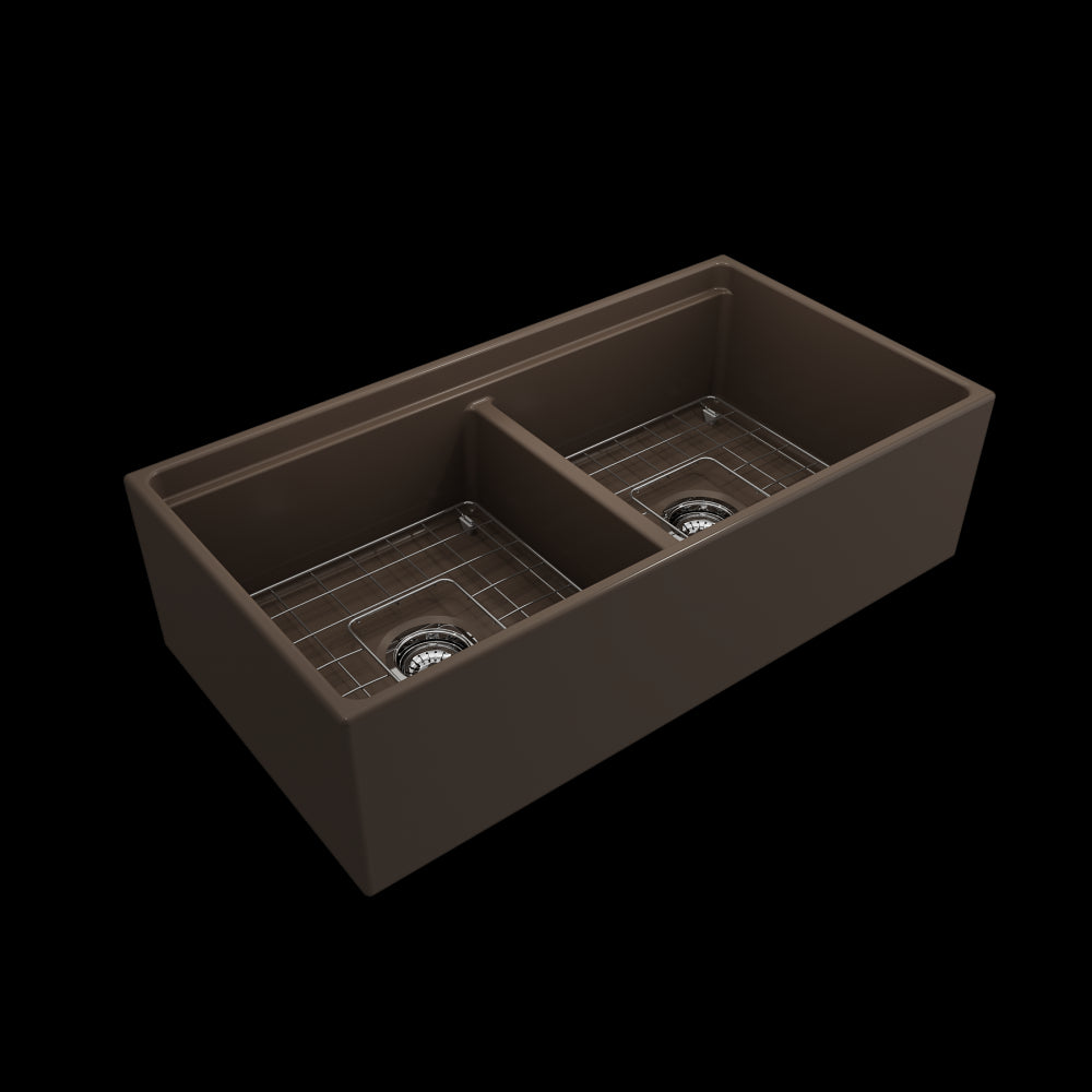 Apron Front Step Rim with Integrated Work Station Fireclay 36 in. Double Bowl Kitchen Sink with Accessories in Matte Brown