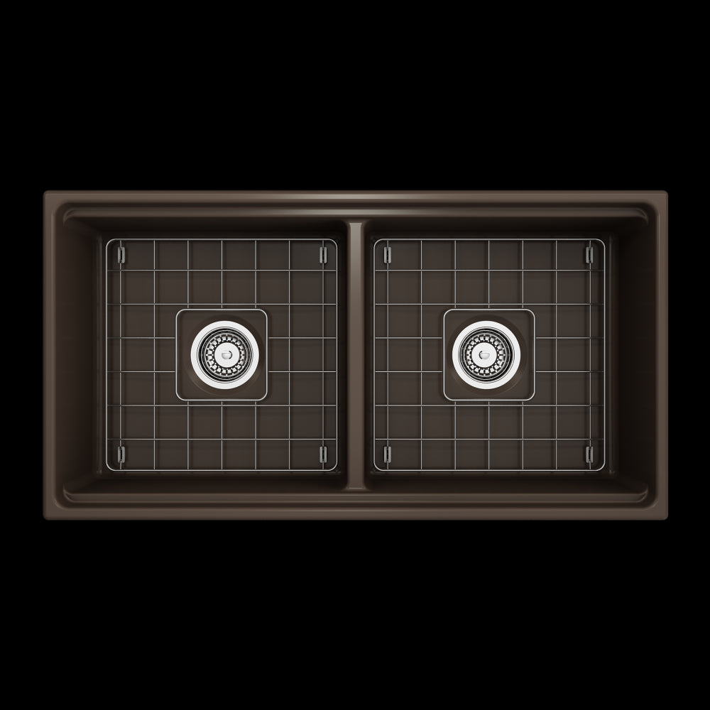 Apron Front Step Rim with Integrated Work Station Fireclay 36 in. Double Bowl Kitchen Sink with Accessories in Matte Brown