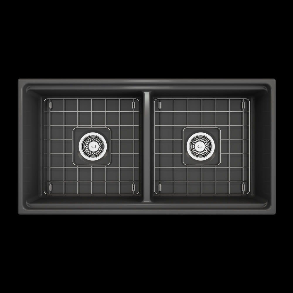 Apron Front Step Rim with Integrated Work Station Fireclay 36 in. Double Bowl Kitchen Sink with Accessories in Matte Dark Gray