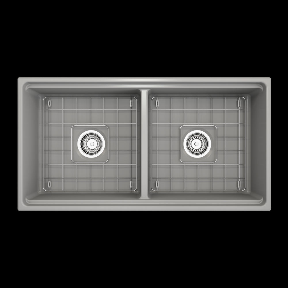 Apron Front Step Rim with Integrated Work Station Fireclay 36 in. Double Bowl Kitchen Sink with Accessories in Matte Gray