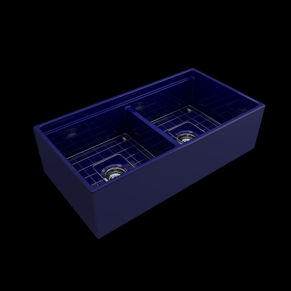 Apron Front Step Rim with Integrated Work Station Fireclay 36 in. Double Bowl Kitchen Sink with Accessories in Sapphire Blue