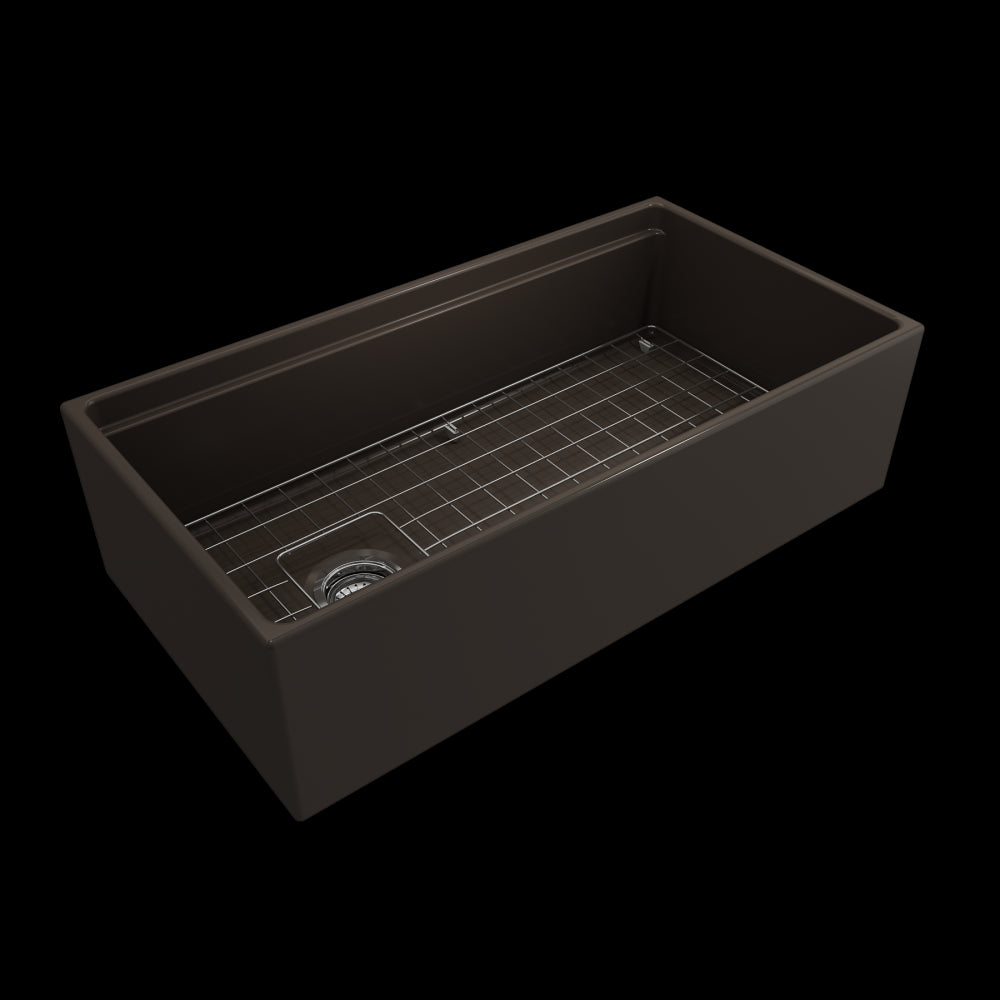 Apron Front Step Rim with Integrated Work Station Fireclay 36 in. Single Bowl Kitchen Sink with Accessories in Matte Brown