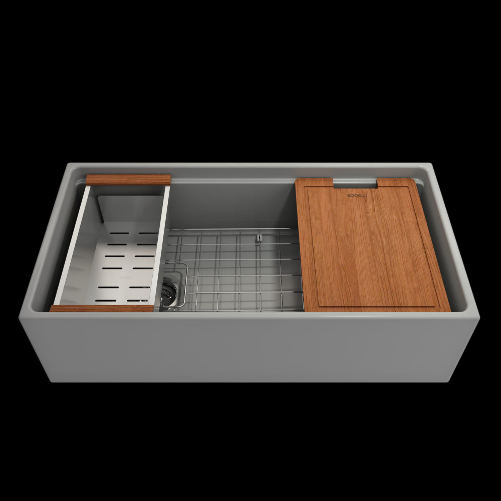 Apron Front Step Rim with Integrated Work Station Fireclay 36 in. Single Bowl Kitchen Sink with Accessories in Matte Gray