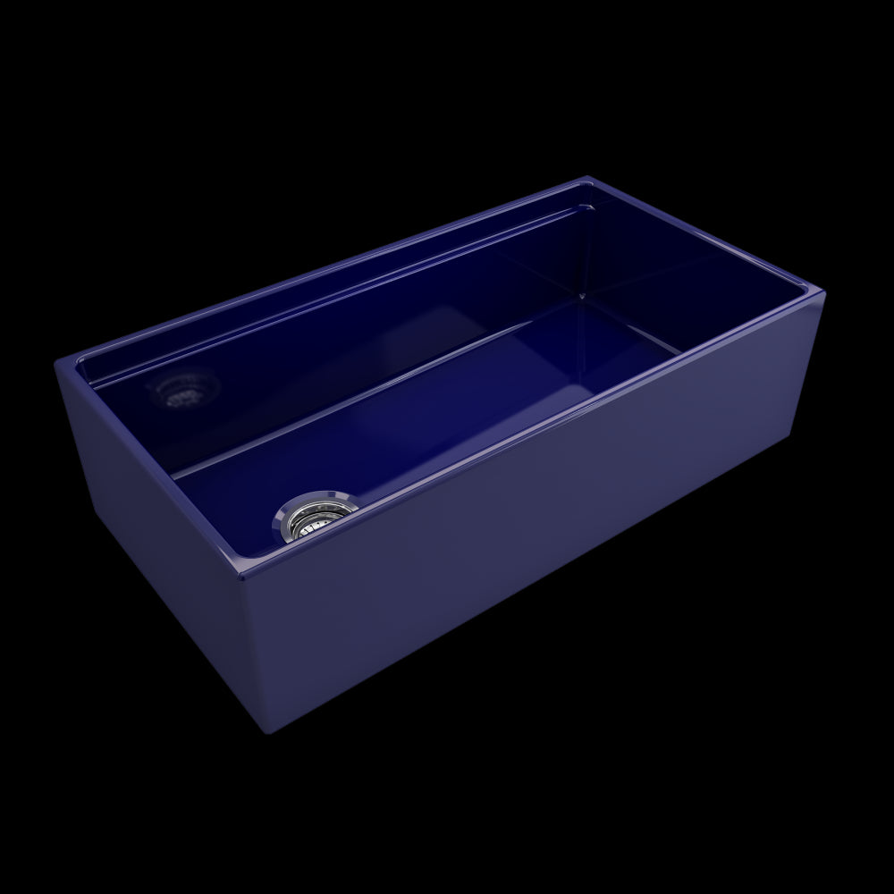 Apron Front Step Rim with Integrated Work Station Fireclay 36 in. Single Bowl Kitchen Sink with Accessories in Sapphire Blue