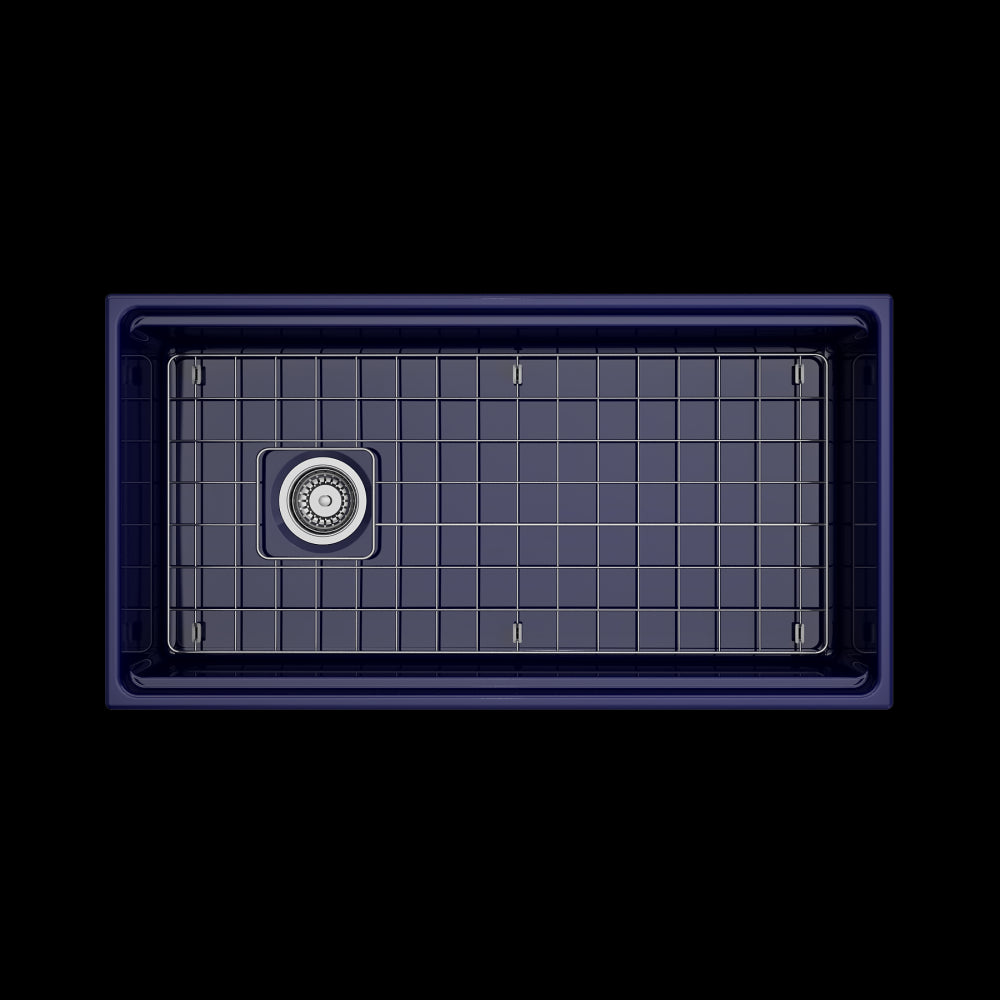 Apron Front Step Rim with Integrated Work Station Fireclay 36 in. Single Bowl Kitchen Sink with Accessories in Sapphire Blue