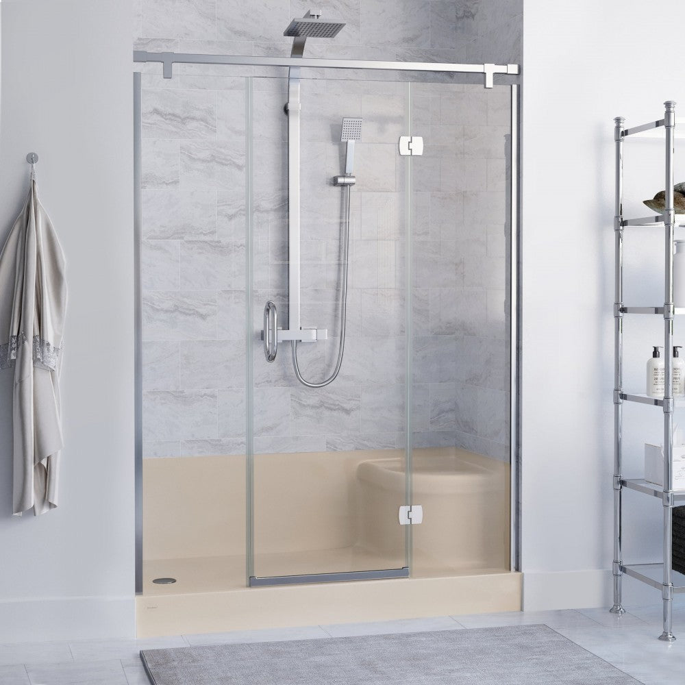 Aquatique 60x32 Single Threshold Shower Base, LH Drain, RH Seat, Biscuit