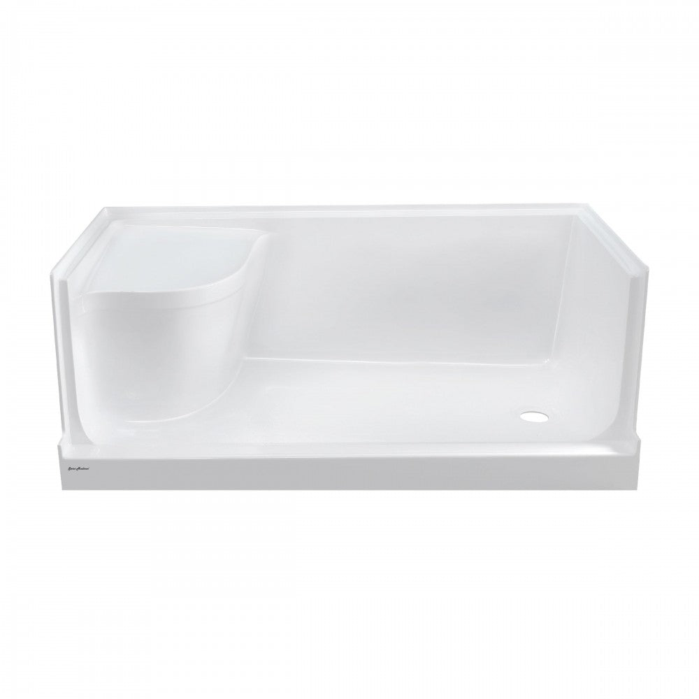 Aquatique 60x32 Single Threshold Shower Base, RH Drain, Left Hand Seat in White