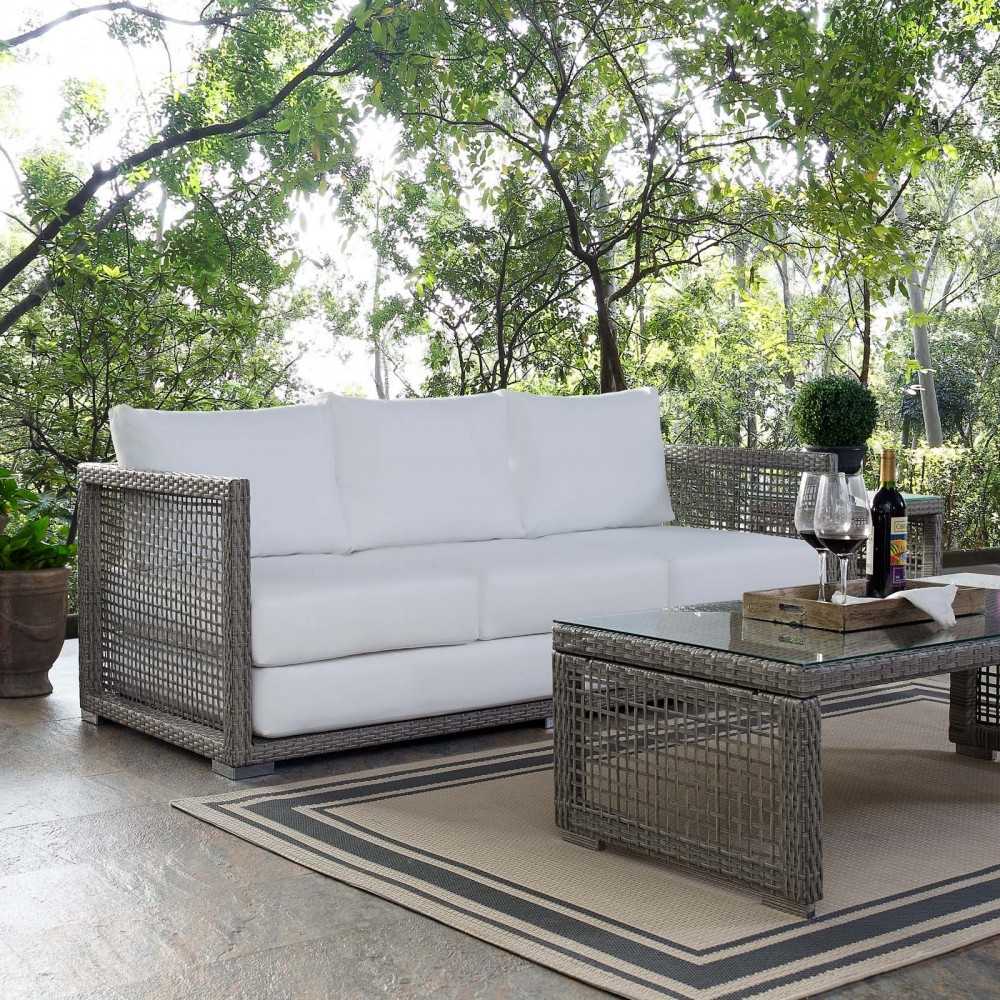 Aura Outdoor Patio Wicker Rattan Sofa, Gold, EEI-2923-GRY-WHI