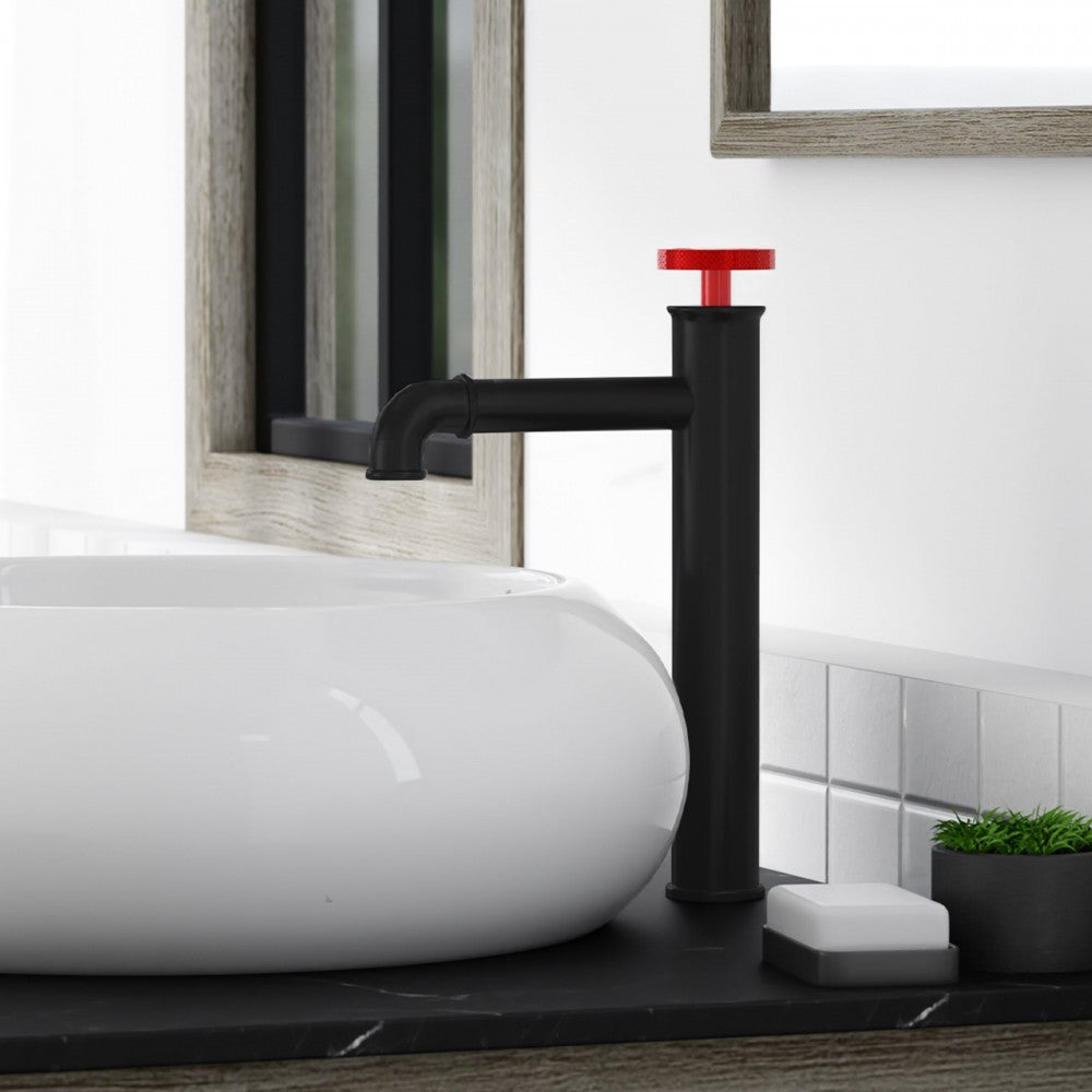 Avallon Single Hole, Red Single-Handle Wheel, High Arc Bathroom Faucet, Matte Black