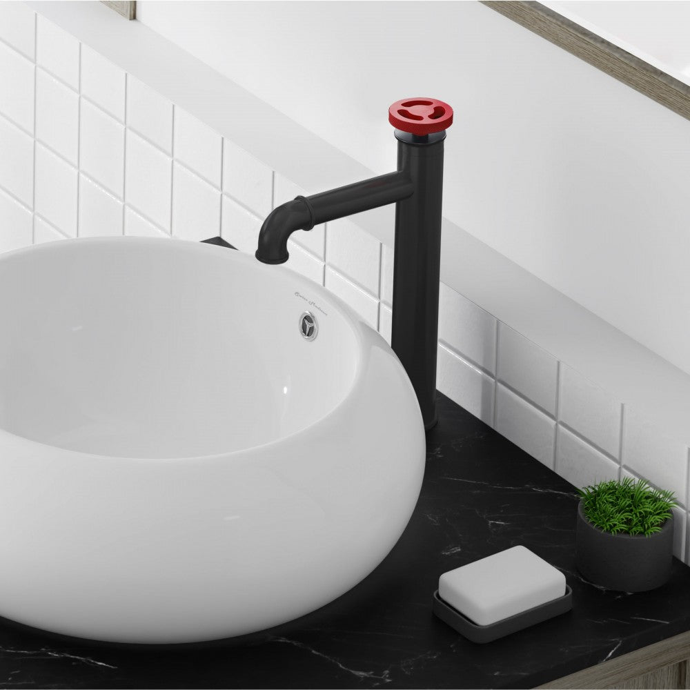 Avallon Single Hole, Red Single-Handle Wheel, High Arc Bathroom Faucet, Matte Black