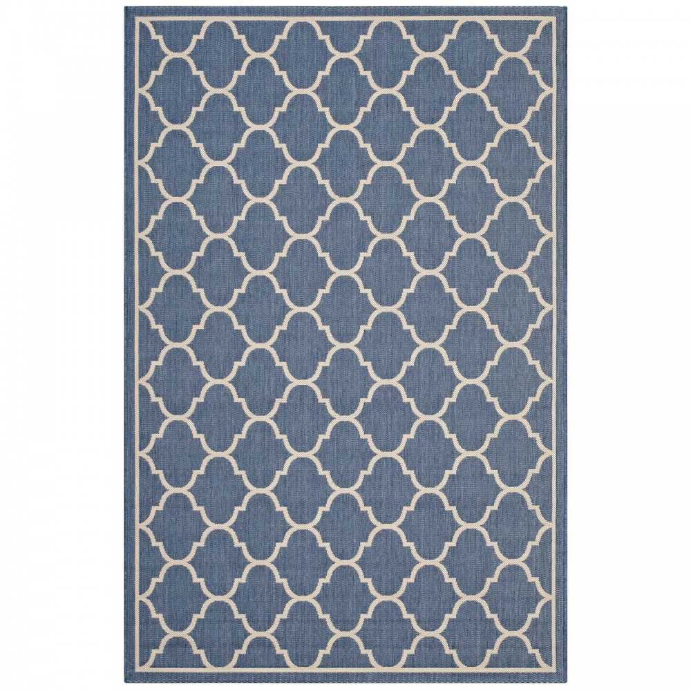Avena Moroccan Quatrefoil Trellis 8x10 Indoor and Outdoor Area Rug, Blue and Beige