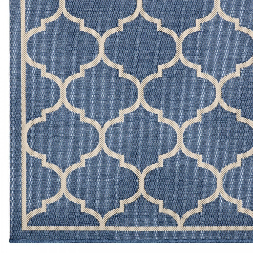 Avena Moroccan Quatrefoil Trellis 8x10 Indoor and Outdoor Area Rug, Blue and Beige