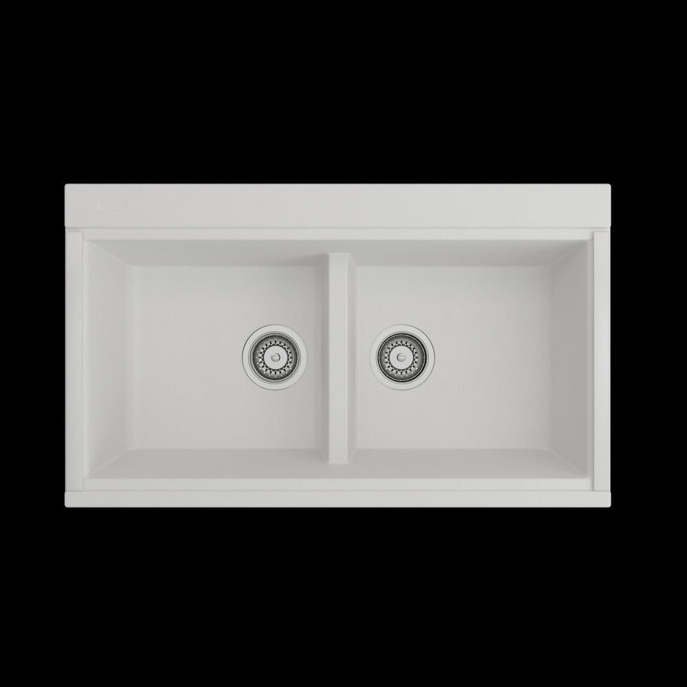 Baveno Lux Undermount 34D in. Double Bowl Kitchen Sink in Milk White with Covers