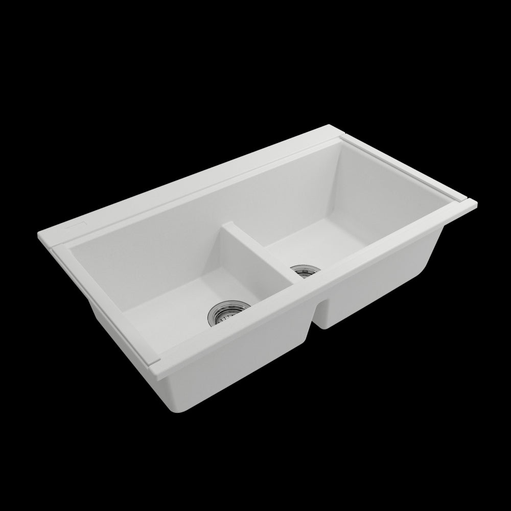 Baveno Lux Undermount 34D in. Double Bowl Kitchen Sink in Milk White with Covers