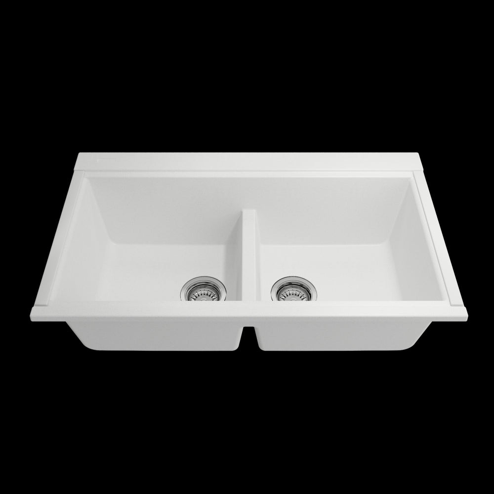 Baveno Lux Undermount 34D in. Double Bowl Kitchen Sink in Milk White with Covers